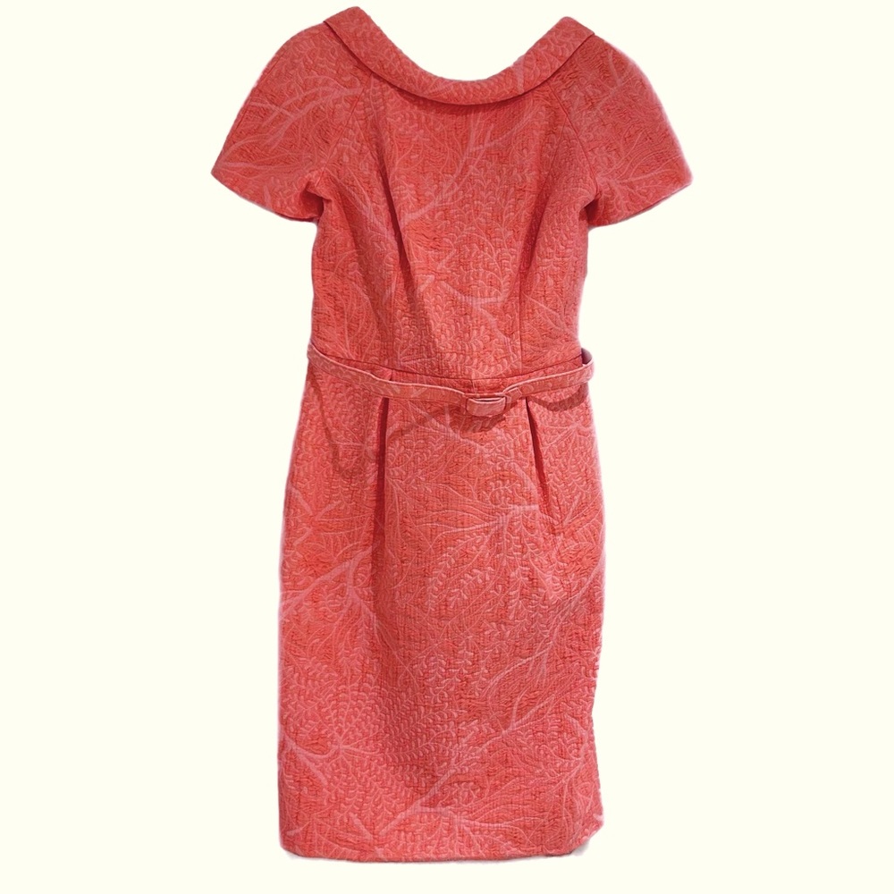 Theia Shift Dress Retro Size 8 Belted Rolled Neck V-Back Peach Pink Lined
